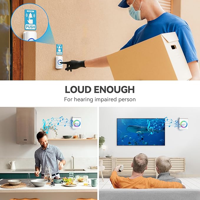 TECKNET Wireless Doorbells for Home, IP65 Waterproof Door Bell 1300ft Range, 0-120dB Classroom Doorbell Kits with 60 Chimes & 5 Volume Levels, RGB Flashing for Hearing Impaired with 2 Receivers,White