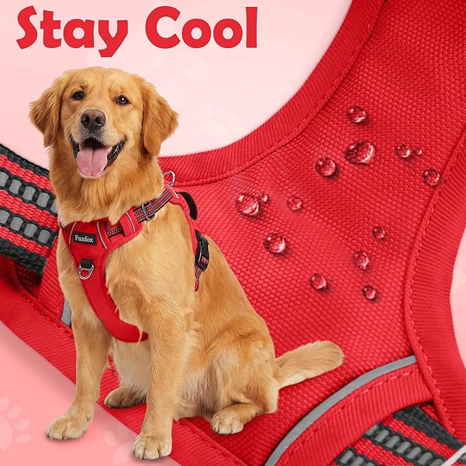 Funfox Dog Harness No Pull, Adjustable Pet Vest Harness, Super Soft Material with Vertical Handle Easy Control, Reflective Night Walking, 2 Leash Clips for XLarge Dogs, Red, XL