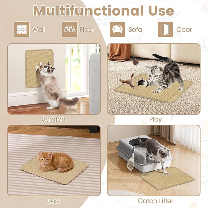 PETSITE Cat Scratcher Mat, Natural Sisal Scratching Mats, Horizontal Cat Floor Scratching Pad Rug with Adhesive Hook Loop Tapes (12, 15.75 x 11.81 in)