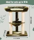 Happi N Pets 28" Cat Tree, Large Bed for Big Cats, Small Cat Tower with Soft Perch for Window Viewing, Stable Cat Tree Tower, Cat Scratching Post with Hammock, Removable Cover-Green
