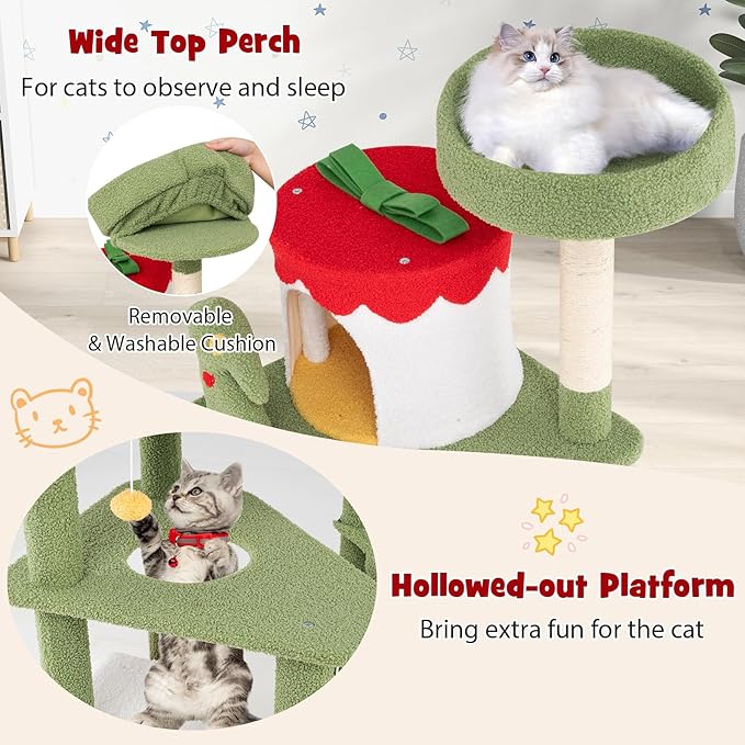 PETSITE 61 inch Cat Christmas Tree, Multi-Level Cat Tower with Sisal Scratching Posts, 2 Cat Condos, Basket Bed, Sisal Covered Ladder, Cute Cat Tree for Indoor Cats