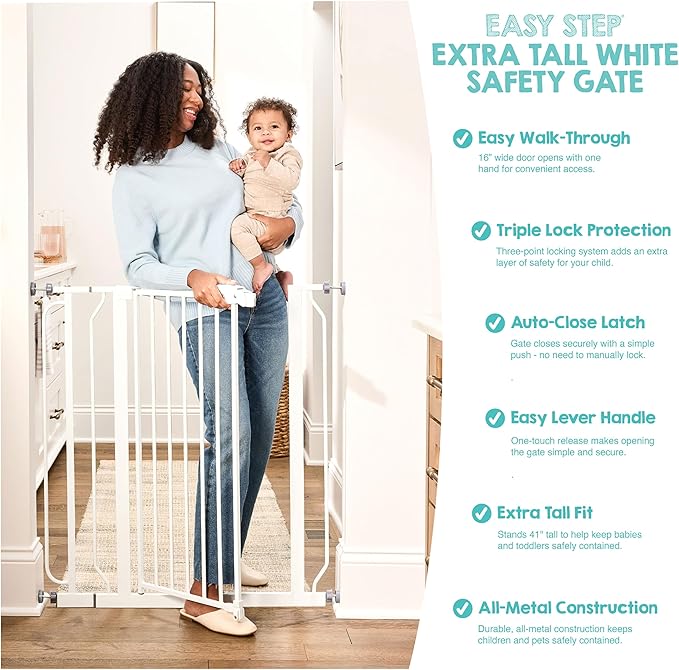 Regalo Extra Tall Baby Gate for Doorways & Bottom of Stairs, Pressure Mount for Babies, Toddlers & Pets, Tested & Safe for 30 Years, American Designed, White