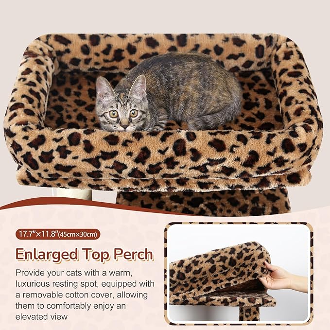 Globlazer Heavy Duty Cat Tree Tower, 70inch Sturdy Cat Tree for Indoor Cats Sturdy Large Cat Tower with Scratching Post and Board, Hammock, 2 Cat Condo for Adult Cats Kittens, F70 Pro, Leopard Print
