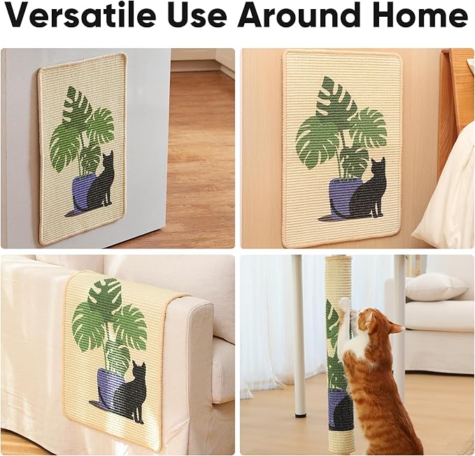 FUKUMARU Sisal Cat Scratching Mat, 23.6 x 15.7 Inch Natural Sisal Cat Scratch Pad Mats for Indoor Cats, Horizontal Cats Wall Scratcher Kitten Floor Rug with Sticky Tapes, Furniture Protector(Monstera)