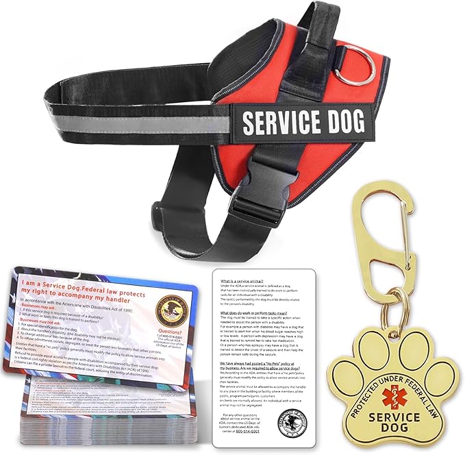 Service Dog Vest, ID Tag + 50 ADA Information Cards, Service Dog Harness w Patch in Sizes X Small to XX Large, Ruggedized Metal Tag, Service Animal Information Cards, ESA Accessory Set XX-LARGE