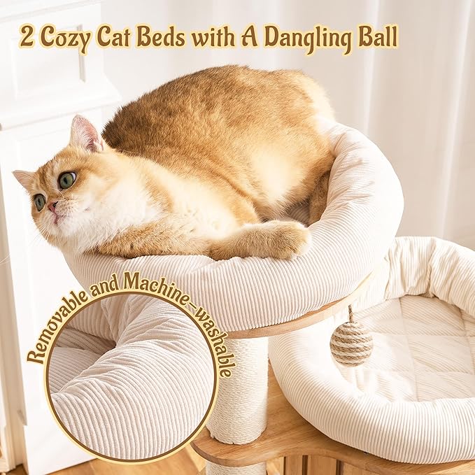 Modern Solid Wood Cat Tree for Indoor Cats Large Adult, 61.5in Tall Cat Tower with Sisal Scratching Posts, Ladder, Cozy Cat Beds, Semi-Open Cat Condo, Dangling Ball, Multi-Level Cat Furniture