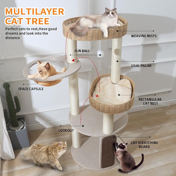 Cat Tree for Large Cats, 50'' Multi-Level Cat Tower for Indoor Cats, Sturdy Design with 6 Sisal Scratching Posts 1 Board, Space Capsule Perch, Hanging Plush Ball & Easy Assembly