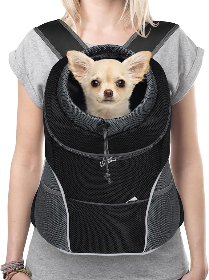 YUDODO 9-14lbs Dog Front Carrier Backpack, Adjustable Breathable Pet Carrier for Small Dogs Cats, Ventilated Puppy Back Pack with Safety Belt, Lightweight Doggy Backpack for Hiking Outdoor (Black, L)