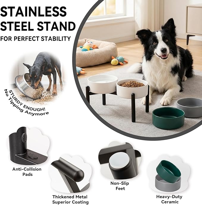 Dog Bowls Elevated - Ceramic Raised Dog Bowl with Non Slip Steel Stainless Stand - No Spill and Heated Feeding Station - Food and Water Dish Set for Medium to Large Pet - Each Holds 7.5 Cups – Grey
