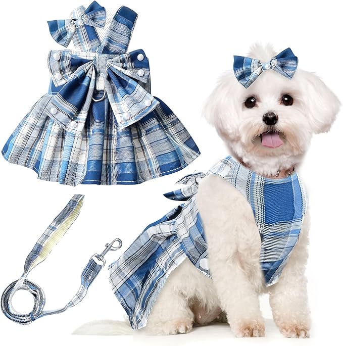 PETCARE Cute Dog Dress Clothes for Small Dogs Cats Girl Female Blue Plaid Bow Tie Dog Harness Dresses Leash Set with Pearls Bow Accessories Birthday Puppy Dress Shih Tzu Yorkies Chihuahua Outfits