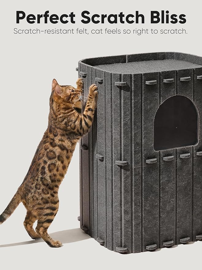 FUKUMARU Cat House for Indoor Cats, 23.62 Inch Large Cat Bed Cave Condo, 2-Storey Cozy Felt Covered Cats Tunnel Kitten Hideaway for Multicats, Scratch Resistant, Dark Grey