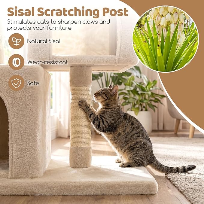 DORTALA Cat Tree for Indoor Adult Cats & Kittens, 25.5" Modern Cat Tower with 2 Condos, Top Perch, 3 Caves, Sisal Scratching Post, Pet Climbing Furniture Activity Center (Beige)