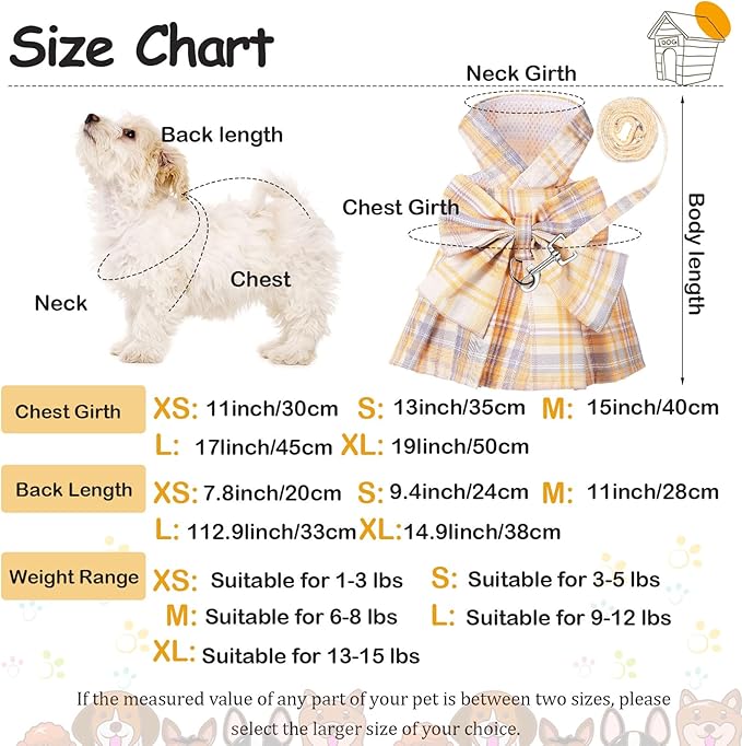 4 Pcs Cute Plaid Dog Dress Set with Bow Tie Harness & Leash for Small Dogs, Puppy Clothes for Girls Outfits(M,Light Color)