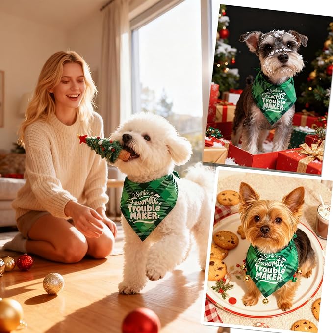 Christmas Dog Bandanas Naughty & Nice List Print - Santa's Favorite Trouble Maker - Pet Holiday Scarf Costume Gift, Green Plaid, Medium & Large Breed, 25-75lbs