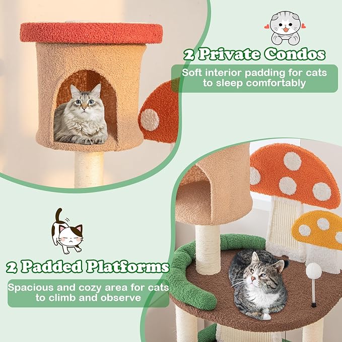 Mushroom Cat Tree, Multi-Layer Cat Tower with 2 Condos & Platforms, Cat Activity Center with Full-Wrapped Sisal Posts, Sisal Scratching Boards & Interactive Balls for Indoors (57.5")