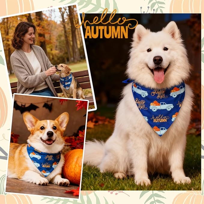 Fall Dog Bandana - Hello Fall Autumn and Pumpkin Truck - Printed Thanksgiving Holiday Pet Bandana Snap Button Triangle Scarf, Navy, Small and Medium Breed, 5-30lbs