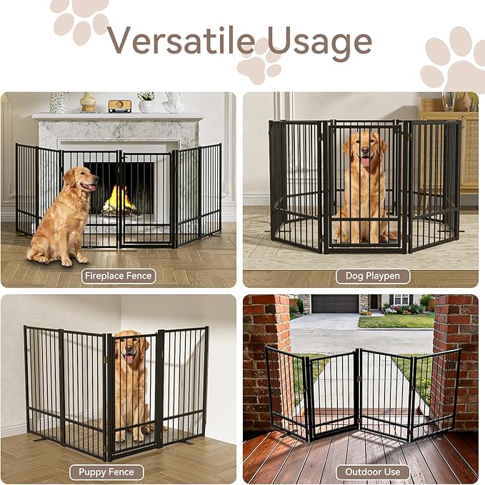 Full Metal Freestanding Dog Gate with Door, 32''Height Foldable Pet Dog Fence for Indoor & Outdoor, 4 Panels Extra Wide Free Standing TallDog Gates for Doorways,House,Stairs,Porch,Deck,Yard
