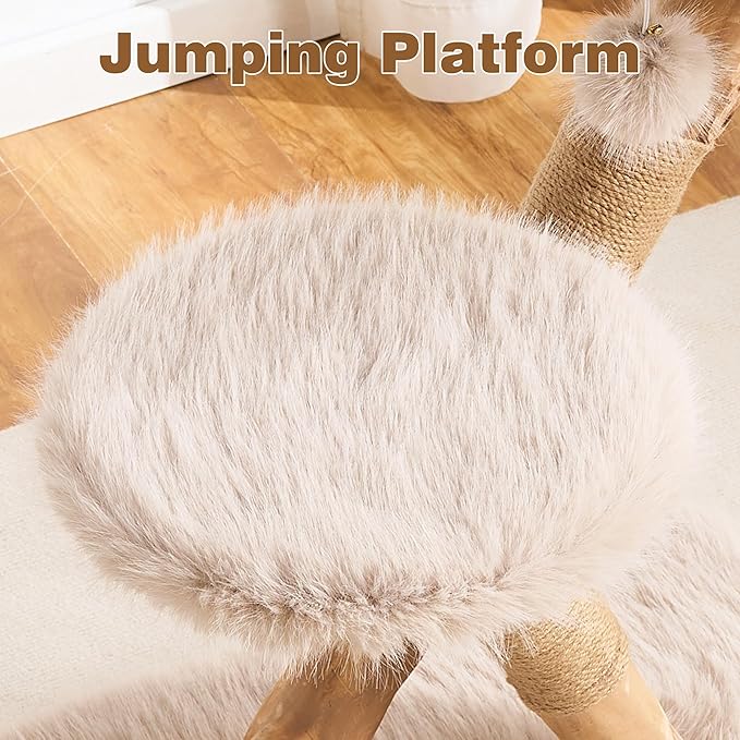 HITTITE Natural Solid Wood Cat Tree Tower with Scratching Post, 32 Inches Tall Modern Cat Tower with Cozy Bed and Platforms, Luxury Real Branch Cat Tree for Indoor Cats Large Adult, Khaki.