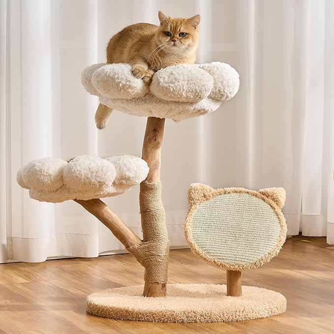 Aesthetic Flower Cat Tree Tower with Scratching Post for Indoor Cats, 30" H Modern Cat Tree with Natural Solid Wood Branch, Fluffy Cat Beds Removable & Large Scratching Board, Dreamy Blue