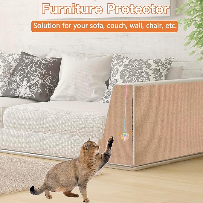 Cat Scratching Mat - 79"x16" Trimmable Cat Scratching Carpet Mat, Large Self-Adhesive DIY Cat Scratch Mat Roll, Cat Tree Shelves Replacement Mat Pad, Couch Furniture Protector, Toy Ball&Strong Tape