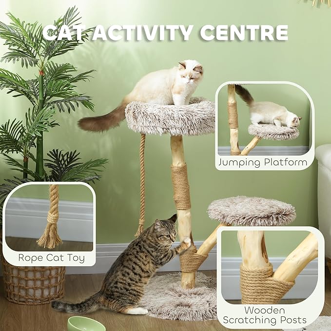 Modern 35” Cat Tree with Solid Wood Scratching Post – Indoor Cat Tower with Plush Bed & Rope Toy, Stable Round Base, Natural Brown Cat Condo for Cats Under 10 lbs