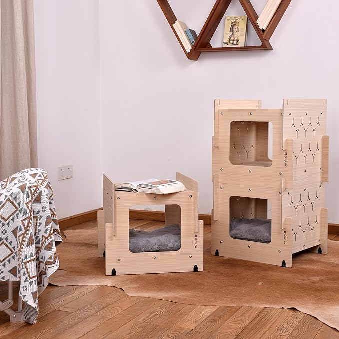 Wooden Cat Condo with Cushion, Cat Bed, Natural Wood Cat Tower with Scratching Post, Multi-Level Cat Tree House for Cats (CB-001-D)