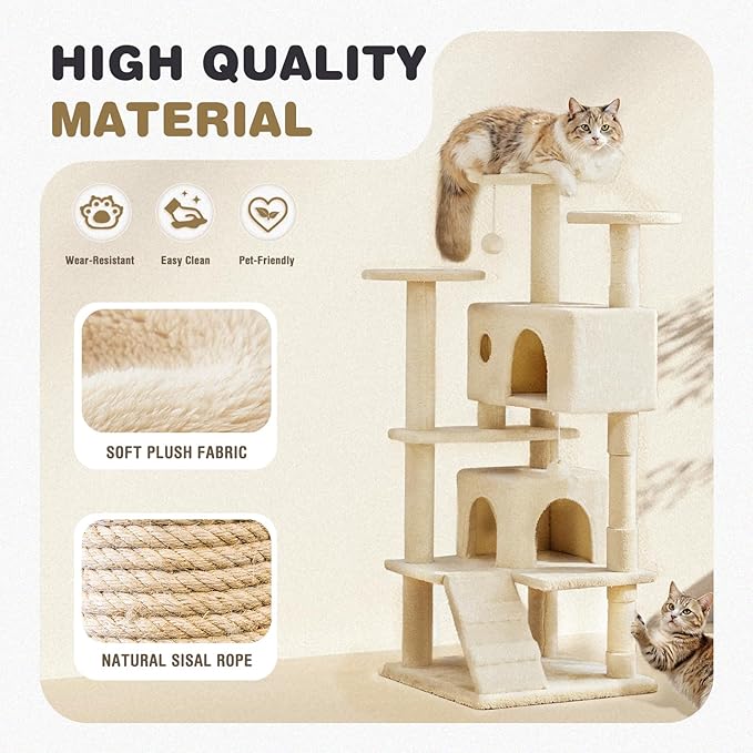 Cat Tree 54 Inch, Multi-Level Cat Tower with Condo, Perches, Sisal Scratching Posts and Climbing Ladder, Pet Play Toy Balls House for Indoor Cats