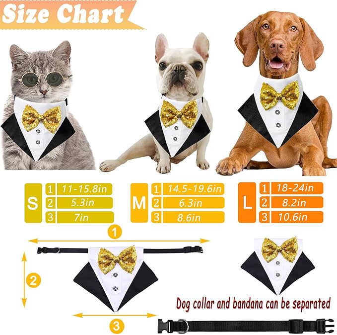 Tuxedo Costume Wedding Bandana Nylon Collar Suit With Gold Bow Tie Adjustable Black Tux Formal Clothes for Small Medium Large Dogs Pet Birthday Christmas Dress Outfits