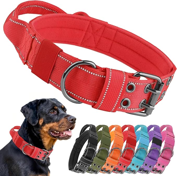 Tactical Dog Collar with Control Handle, Military Adjustable Pet Collar Reflective Heavy Metal Buckle Dog Collar, Soft Nylon Training Collar for Medium Large Dogs (Red, X-Large)