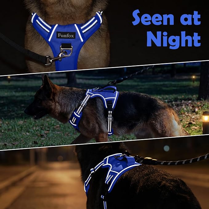 Funfox Dog Harness No Pull, Adjustable Pet Vest Harness, Super Soft Material with Vertical Handle Easy Control, Reflective Night Walking, 2 Leash Clips for Large Dogs, Blue, L