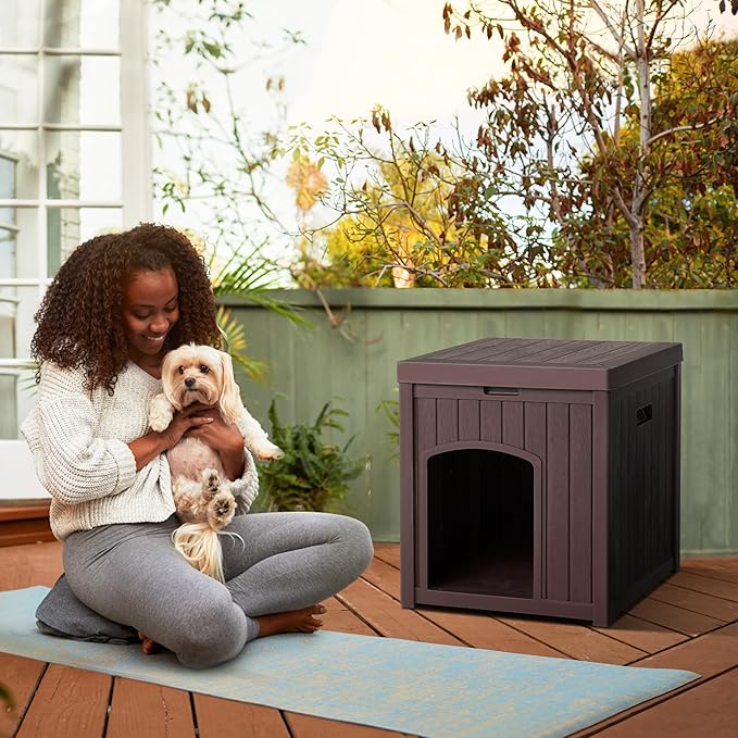 Indoor Dog House Weatherproof Outdoor Dog Houser for Small Medium Dogs, Resin Plastic Igloo Dog House with Flip Lid and Elevated Floor, Easy Assembly for Cat Puppy Shelter (Brown)
