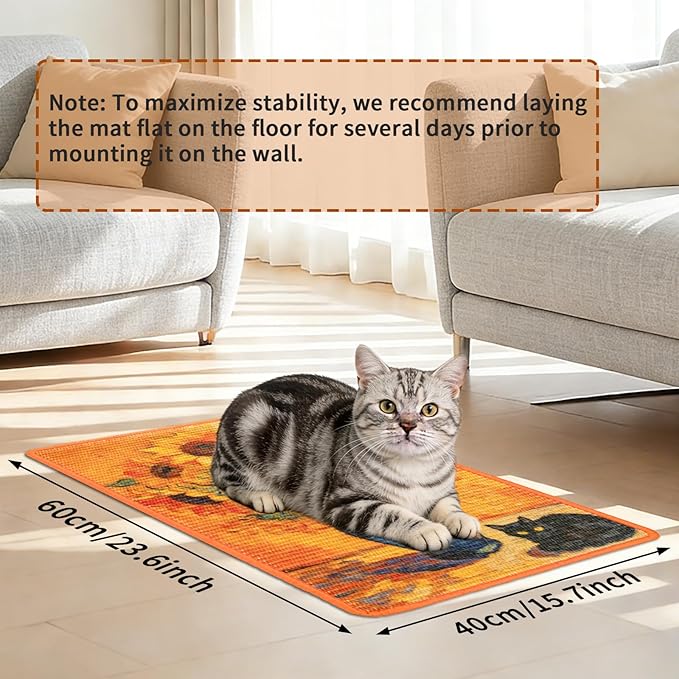 3-in-1 Sisal Cat Scratch Mat Floor & Wall Cat Scratcher Pad Scratching Post Scratch Furniture Couch Carpet Protector 23.6x15.7inch (Sunflower Cat)