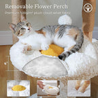 PETEPELA Modern Cat Tree Tower for Indoor Large Cats w/Removable Flower Perch, Real Solid Wood Cat Scratching Posts, Boho Ratten Cat Furniture w/Cozy Condo & Wicker Basket Bed, White