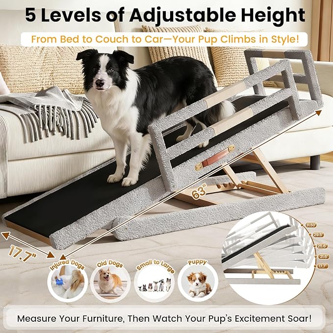 Dog Ramp for Bed, 5 Adjustable Height Wooden Ramp for Dogs from 16"–32", 17" Wide Pet Ramps for Dogs to Get on High Bed/Couch/Car with Soft Padding & Anti-Slip Grip, Up to 250LBS for Small/Large Dog