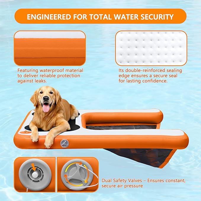 VOFiTNY Dog Pool Ramp 4.6ft x 3.3ft x 4in Inflatable Puppy Water Raft Plank Portable Pup Mat Floating Doggy Floats Ladder Boat Lake Play Bright Orange