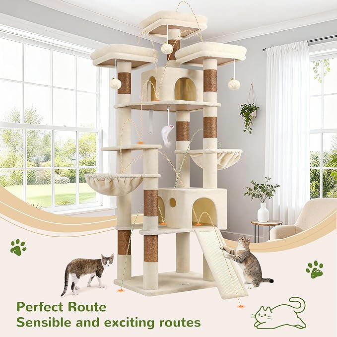 Globlazer 83 in Multi-Level Large Cat Tree Tower with Larger Cat Condo Furniture with Hammock/Cozy Pussycat Perches/Sisal Scratching Posts/Pet House/Wide Base, Beige