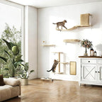 COZIWOW Cat Wall Shelves Set, 5-Piece Wall Mounted Cat Furniture with Cat Tree & Scratching Post, Floating Cat Perches for Indoor Cats（Beige）