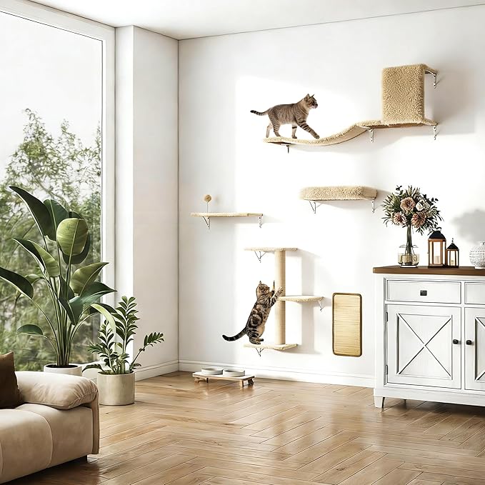 COZIWOW Cat Wall Shelves Set, 5-Piece Wall Mounted Cat Furniture with Cat Tree & Scratching Post, Floating Cat Perches for Indoor Cats（Beige）