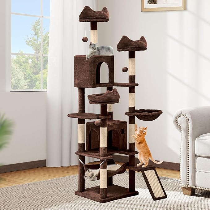 DWVO 75 in Multi-Level Cat Tower: Tall Cats Tree for Indoor Kittens, Pet Furniture with Kitty Condos, Top Perches, Sisal Ramp Scratching Posts, Cozy Basket, Hammocks, Brown
