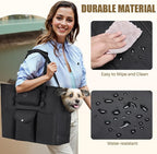 SlowTon Dog Purse Carrier - Portable Dog Carrier with Pockets & Safety Leash for Small Dogs Under 12 lbs, Breathable Pet Tote Bag for Cat Rabbit Outing, Travel, Vet (Black)
