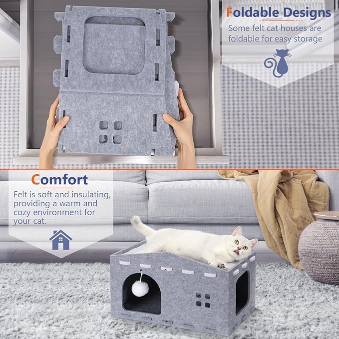 Cat House for Indoor Cats, Cat Beds Peekaboo Pet Cave with Fluffy Ball and Catnip Toy for Multiple Large Cats Up to 33 Lbs Foldable Cat Hideaway Scratch Resistant for Kitten Kitty (Grey