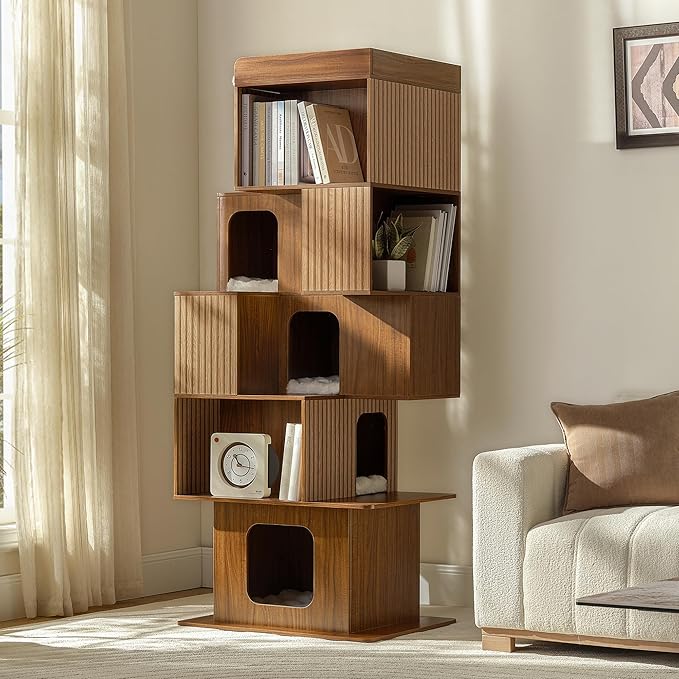 EUREKA ERGONOMIC Pawlio Cat Tree Bookshelf, Cat Bookcase, Modern Shared Bookshelf Cat Tree, Modern Pet Condo with Climbable Shelves, Indoor Dog and Cat Furniture, 72"(Walnut)