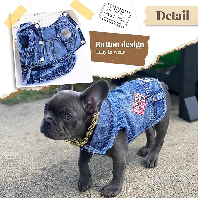 Cool Dog Jean Jacket Small Puppy Outfits Frenchie Clothes Denim Coats for Small Medium Dogs Cats Boys Girls Pet Vest Dog Shirt Clothing Doggy Costume (Blue Print, M（Suggest 6-9 lbs）)