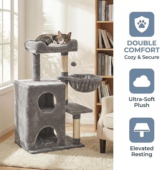 Cat Tree Tower for Indoor Cats, 36-inch Adult Cat Tree House for Large Adult Cats with Steps, Scratching Post, 2 Cat Condo, Dangling Toys, Light Grey