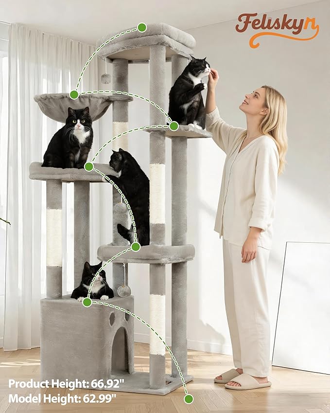 Cat Tree Tower for Indoor Cats, 67 inch Multi-Level Tall Climbing Tower with 3 Large Platform, Scratching Post, Hammock, Kitty Condo for Multiple Cats, Modern Cat Tree Furniture Heavy Duty, Light Grey