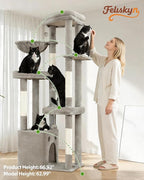 Cat Tree Tower for Indoor Cats, 67 inch Multi-Level Tall Climbing Tower with 3 Large Platform, Scratching Post, Hammock, Kitty Condo for Multiple Cats, Modern Cat Tree Furniture Heavy Duty, Light Grey