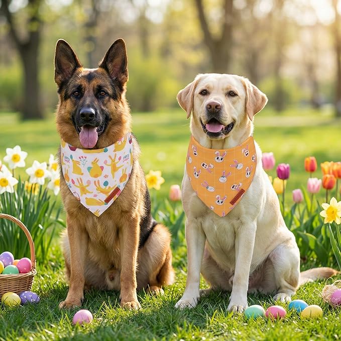 ADOGGYGO Easter Dog Bandanas, Bunny Egg Print Puppy Scarf, Premium Fabric, Adjustable Fit Happy Easter Bandanas for Medium Large Dogs (Large)