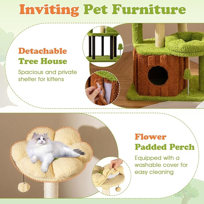 Tangkula Cute Cat Tree Green Forest, 40 Inch Multi-Level Aesthetic Cat Tower with Sisal Scratching Posts, Trunk Condo, Flower Perch, Plush Napping Bed, Pompom, Spring Toy, Platforms for Indoor Cats