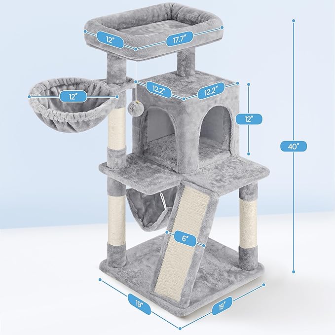 Yaheetech Cat Tree Tower, 40-Inch Condo with Hammock, Oversized Soft Platform, Scratching Board, Basket, Pet Beds & Furniture for Large Kittens, Light Gray