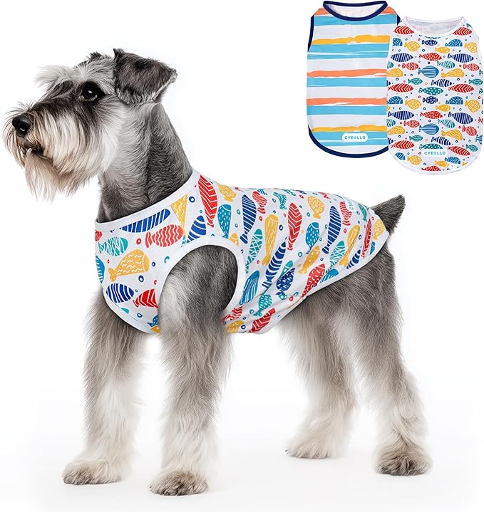 cyeollo 2pack Dog Cooling Shirt, Breathable Sleeveless Summer Clothes for Dogs, Intant Cool T Shirts for Small Dogs, Blue Fish M